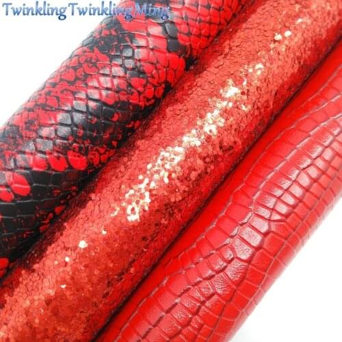 RED Glitter Fabric, Snake Faux Leather Fabric, Crocodile Synthetic Leather For Bows A4 8"x11" Twinkling Ming XM146