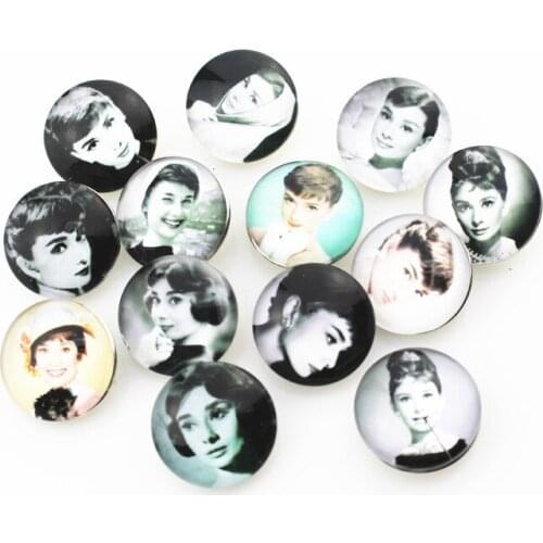 Mix 20pcs/lot Glass Audrey Hepburn actress Snap Buttons for 18mm Ginger Snap Bracelet&Bangles DIY Snap Jewelry Charms
