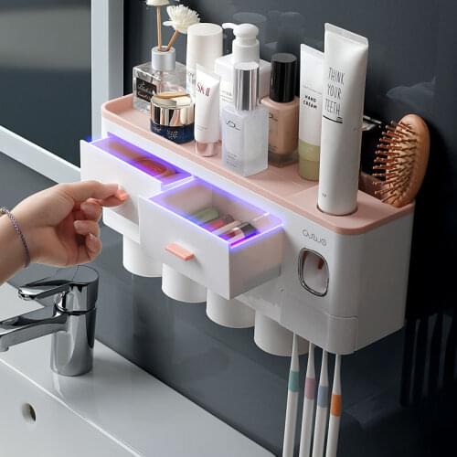 Bathroom Accessories Set Magnetic Adsorption Toothbrush Holder Automatic Toothpaste Dispenser with Cup Wall Mount Storage Rack