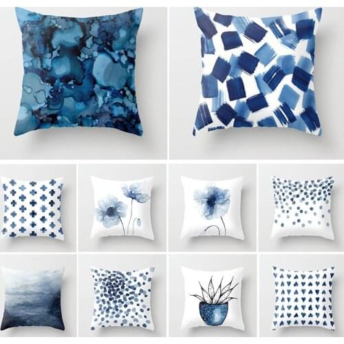 45*45cm Nordic Watercolor Blue Cushion Cover Abstract Marble Geometric Pattern Sofa Pillow Cases Home Decor Car Decorative