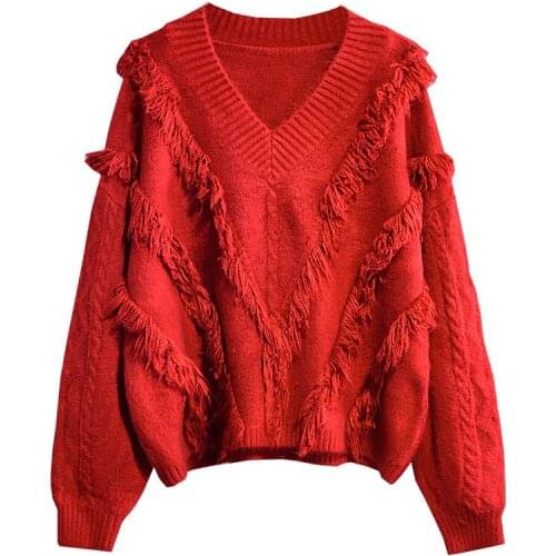 2019 New Spring autumn fashion knitted sweater women tassel Long sleeve V-neck pullovers female casual solid Loose sweaters G509