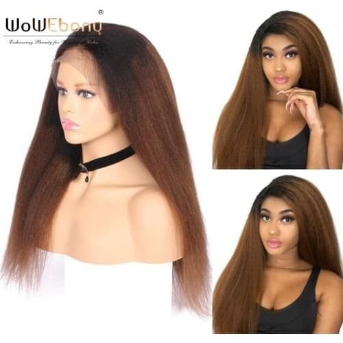 Ombre 13x1 lace front wig 1b30 brown kinky straight human hair wigs for women deep part lace wig highlight kinky straight wig