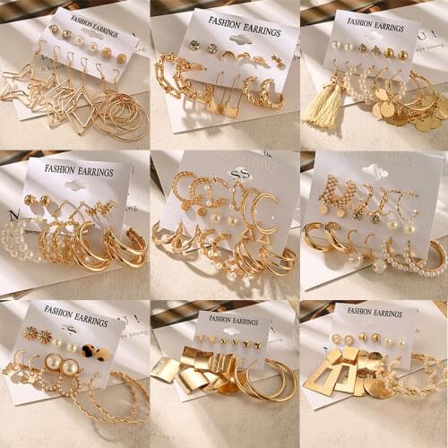 POXAM Vintage Geometric Gold Metal Hoop Earrings Set For Women Pearl Dangle Drop Earrings 2021 Trend Earring New Fashion Jewelry