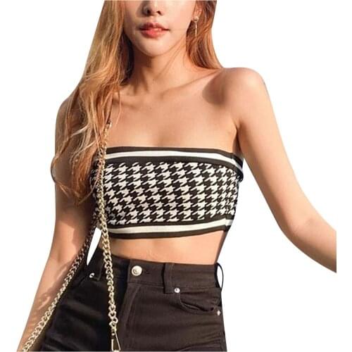 Womens Summer Knit TubeTunicTops, Sexy Sleeveless Strapless Slim Fit Unique Strapless Houndstooth Fashionable Print Crop Tops