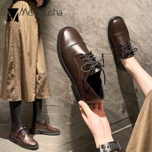 College Girls small leather shoes woman solid square toe flats low heels winter plush loafers women lace up oxfords plus size 43