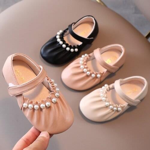 Girls Princess Shoes Pearls Mary Janes Shoes Cute Baby Flats Kids Dress Shoe Dance Party Bridal Shoe Ruffles Single Shoe Toddler