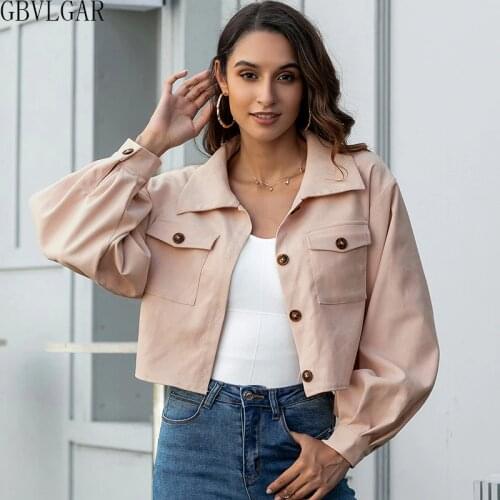 Women Turn Donw Collar Short Jacket With Pocket Ladies Single Breased Jacket Autumn New Solid Color Slim Womens Windbreakers