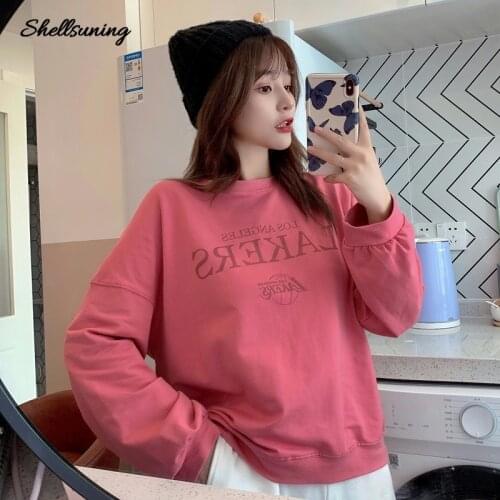 Shellsuning Long Sleeve Round Neck Oversize Women Winter Hoodies Sweatshirts Letter Printing Pullovers All-match Streetwear