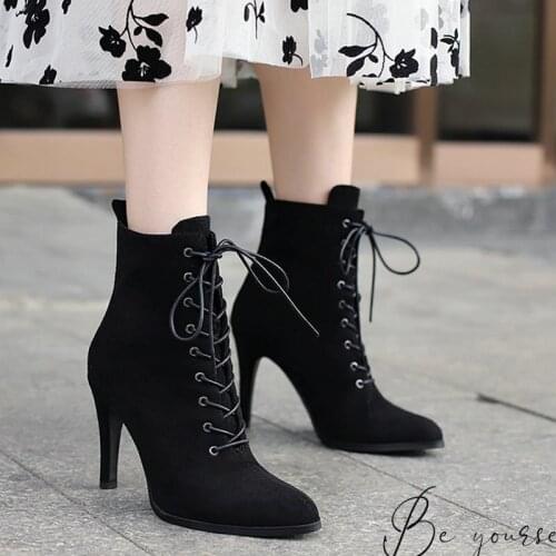 New Lace-up Ladies Shoes Fashion Pointed Toe Autumn Booties Women Thin High Heels Winter All-match Plus Size Ankle Boots 34-43