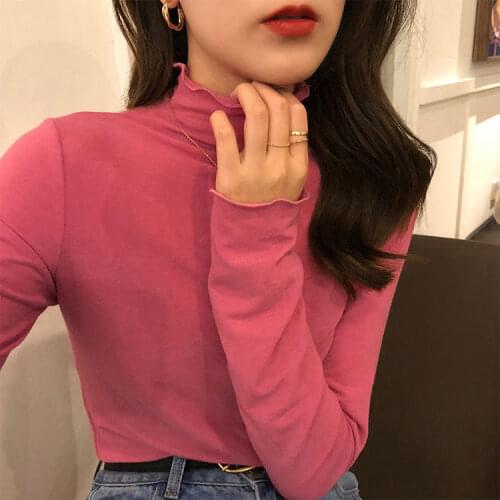 Woman Tshirts Rose Pink Collar Womens Autumn Winter Long-Sleeved Shirt T-shirt Thin Tops Mujer Camisetas