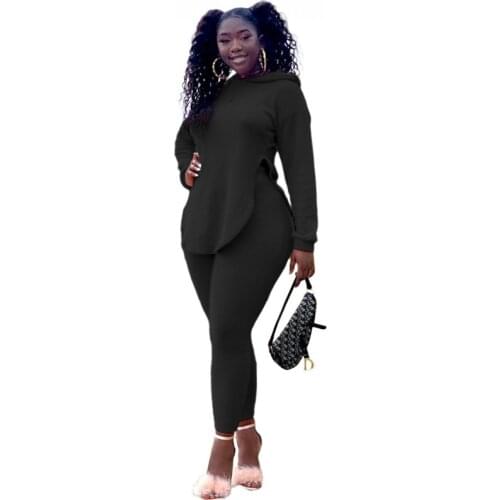2020 Autumn New Two Piece Set Women Hooded Split Long Sleeve Tops And Elastic Waist Skinny Pants Set Casual Solid Two Piece Sets