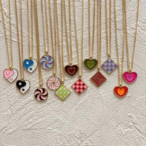 New Ins Vintage Drop Oil Square Round Necklaces Pendant Simple Colorful Yin Yang Heart Necklace For Women Girls Fashion Jewelry