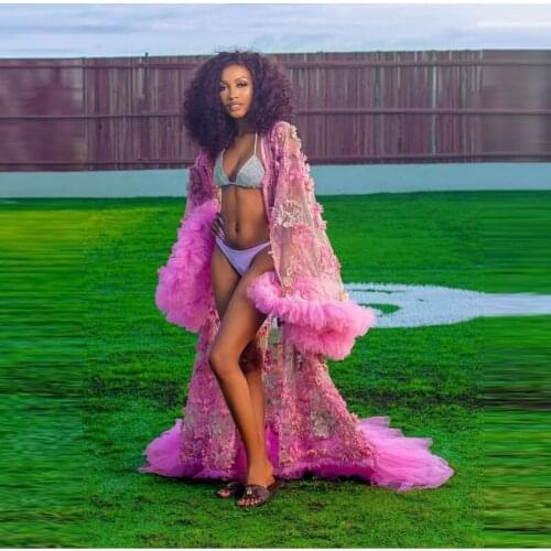 Purple Tulle Maternity Dresses For Women African Tulle Dresses For Photo Shoot Appiques Birthday Tulle Dress Long Sleevs Robe