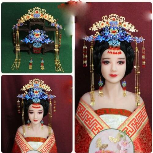 A345 Traditional Chinese Wedding Bride Hair Tiara Blue Cloisonne Hanfu Tassel Hair Accessories Empress Phoenix Tiara Hair Sticks