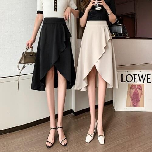 Asymmetry Ruffled Skirt for Women Young 2021 Spring & Summer New High-waist with Split Sexy Mid-length A-line Skirt BSQ337
