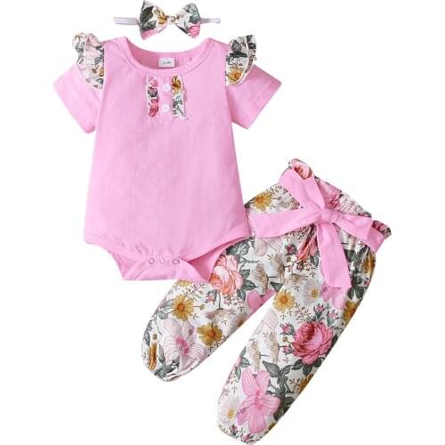 0-12M Newborn Baby Girl Short Sleeve Cotton Bodysuit Tops Floral Long Pant Headband 3PCS Summer Clothes Set