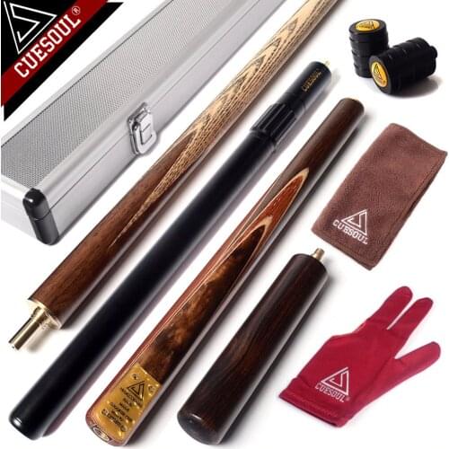 CUESOUL 57" Snooker Cue Handcraft 3/4 Jointed with Mini Butt End Extension Packed in Aluminium Cue Case and Cue Joint Protector