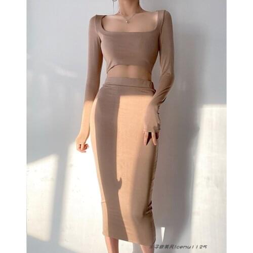 Women co ord Square Neck Long Sleeves Crop T-shirt & Slim Fit Midi Skirt Set Two Pieces A001
