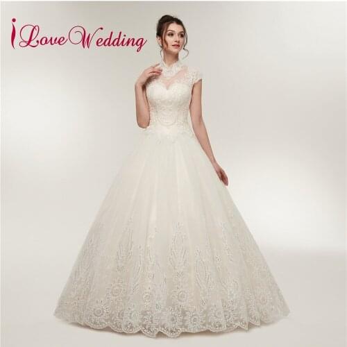 ILoveWedding Fashionable Elegant Long A Line Wedding Dress High Neck Open Back Lace Appliques Bride dresses Robe De Mariage