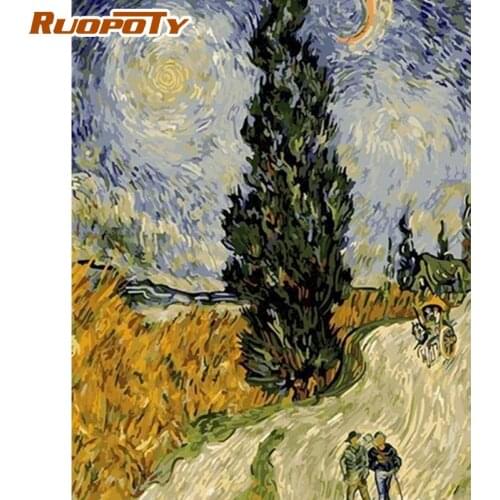 RUOPOTY Framed Oil Painting By Numbers Night Landscape Paints By Number Handmade Acrylic Pigment Draw On Canvas Home Arts