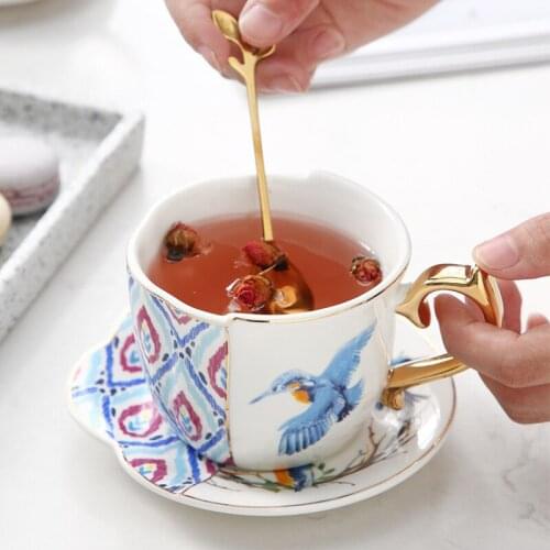 Golden Edge Cup Peony Stoup Flower Bird Ceramic Flat Base Creative Classic Coffee Mug Colours English Afternoon Tea saucer Set
