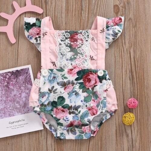 Telotuny 0m-24m Newborn Infant Baby Girls Romper Clothes Outfit Floral Print Lotus Ruffles Sleeves Summer Jumpsuit Playsuit