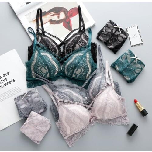 Lace Push Up Bras Set Front Cross Straps Sexy Translucent Seamless Lace Bra and Panties Underwear Suits