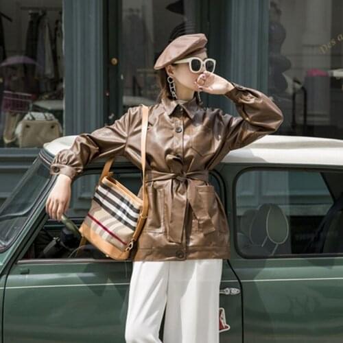 Khaki Faux PU Leather Coat Women Spring 2021 New Korean Biker Streetwear Loose Long sleeve Plus Sashes Mid-length Leather jacket