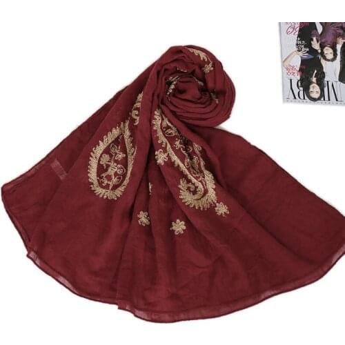 Muslin Women Shawl Foulard Femme Headband Wraps Hijab Head Spring Scarves For Lady & Girl Solid Color W/Embroidery Cotton Long