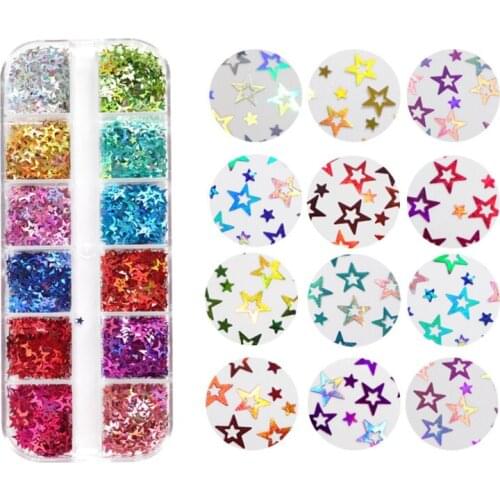 N7MF 12 Grids/Box Holographic Glitter Hollow Stars Shape Sequins Epoxy Resin Filling DIY Crafts Jewelry Making Flake Nail Art