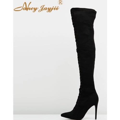Suede Women Shoes Adult lady Black Boots Over-the-knee Zipper Super High Thin heel Pointed Toe Winter Solid Mature Fashion 2019