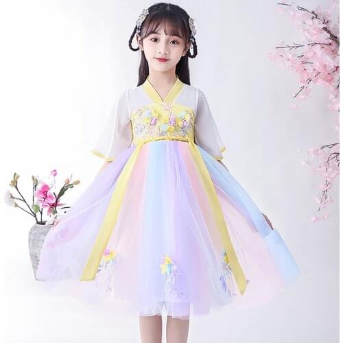 Chinese Style Han Tang Dynasty Clothes Teen Girl Embroidery Hanfu Dress Kids Birthday Party Cosplay Costume 3-14 Years Old