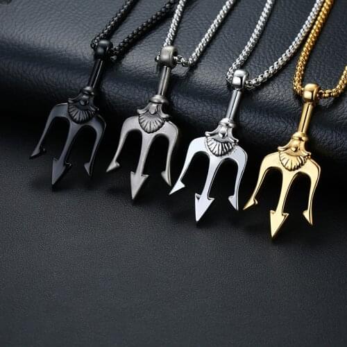 Stainless Steel Filled Poseidon Trident Necklace Neptune Pendant Greek Vantage Silver Color Men Jewelry