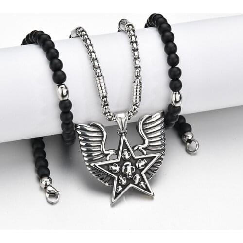 Double Wing Skeleton Pentagram Pendant Necklace Silver Color Stainless Steel Chain Black Stone Beads Necklaces