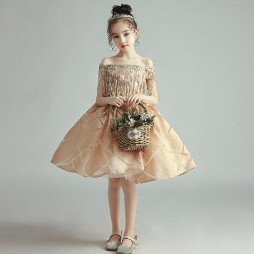 Flower Girl Dress Sequined Beading Embroidery Boat-Neck Short Princess Knee-Length Luxury Off The Shoulder Kids Party Gown H363