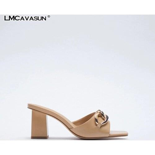 LMCAVASUN Z design khaki sandals Metal chain high heels New Square head One word with Open toe thick heel women sandals