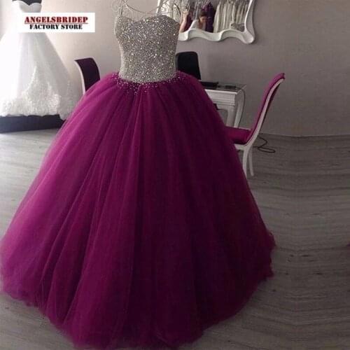Sexy Purple Ball Gown Quinceanera Dresses Sparkly Beads Tulle Vestidos De 15 Años Floor-Length Sweetheart Masquerade Dress Puffy