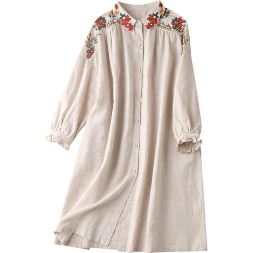 Shuchan Prairie Chic Linen Woman Dress Embroidery Floral Straight Loose Oversized Dresses 2021 Newest Dresses Women
