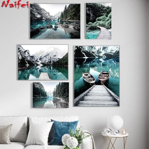 Scandinavian Nature Landscape diamond painting Mountain Lake Boat Wall Art diamond embroidery Painting Modern Living Room Decor