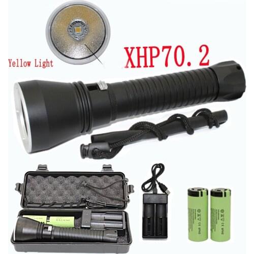 Super Brightness XHP70.2 LED Yellow Light 4000 Lumens Diving Flashlight Tactical 26650 Torch Underwater 100M Waterproof