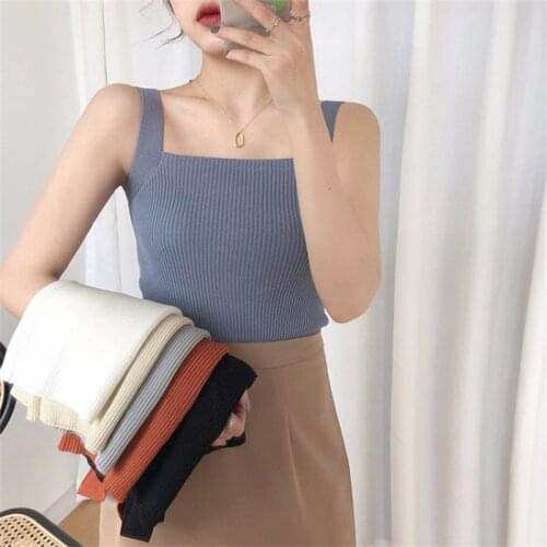 Summer Womens Top Vest Girl Sexy Square Collar Solid Color Sleeveless Pullover Knitted Camis Sexy Tank Tops Female