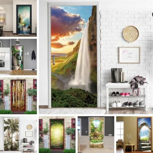 Green Forest Tree 3D Wallpaper Door Sticker Self-adhesive Vinyl Decal Waterfall Creek Landscape Mural Home Decor Poster De Porte