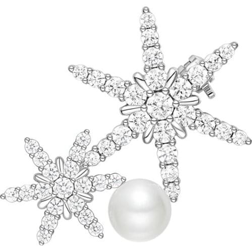 SLJELY High Quality Fashion Real 925 Sterling Silver Elegant Snowflake Pearl Brooch with Cubic Zirconia Women Fine Party Jewelry