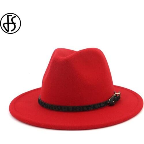 FS 2020 New Wide Brim Fedora Hat Women Men Imitation Wool Felt Hats with Leopard Belt Buckle Panama Jazz Chapeau Sombrero Cap
