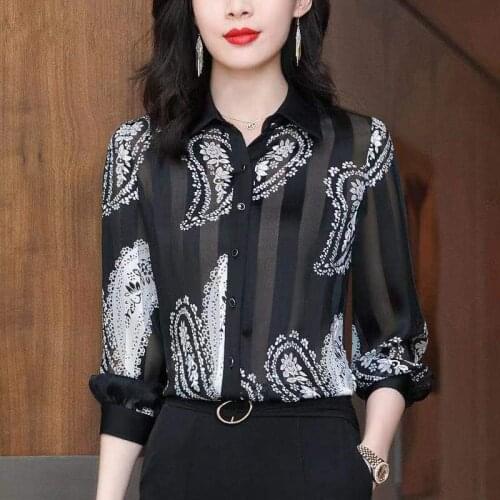 Women Spring Summer Chiffon Blouses Black Shirts Lady Fashion Print Temperament Polo-Neck Long Sleeve Casual Blusas Tops MM0403