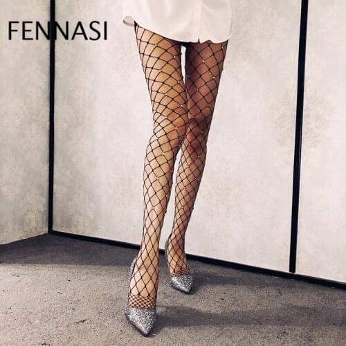 FENNASI Women Sexy Black Fishnet Tights Shiny Rhinestone Mesh Pantyhose Lady Nylon Female Erotic Mesh Stockings Grid Pantyhose