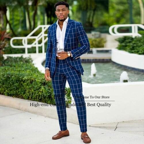 Royal Blue Damier Check Mens Suits Notched Lapel Wedding Male Blazer Tailored Formal Tuxedos Slim Fit Prom Jacket And Trousers