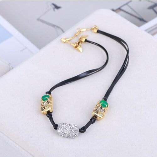 Women gemstone shiny zircon square gold plated board leather string necklace