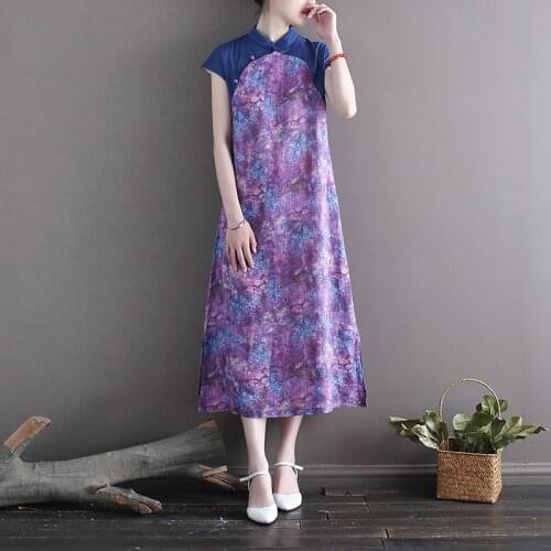 Women Ramie Patchwork Qipao Dress Ladies Vintage Retro Chinese Style Dress Female Ramie Summer Dress Cheongsam 2020