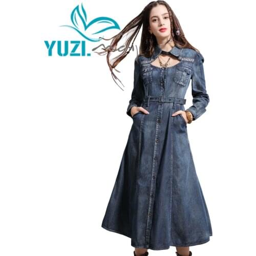 Dress Female 2019 Yuzi.may Boho New Denim Women Dresses Turn-down Collar Vintage Embroidery Belted High Waist Vestidos A82123
